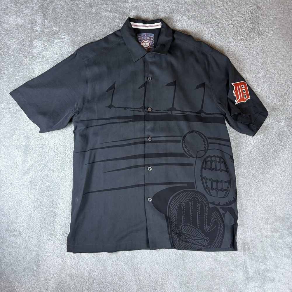 Tommy Bahama Hawaiian Button Baseball Shirt Detroit Tigers Black Silk Mens Small